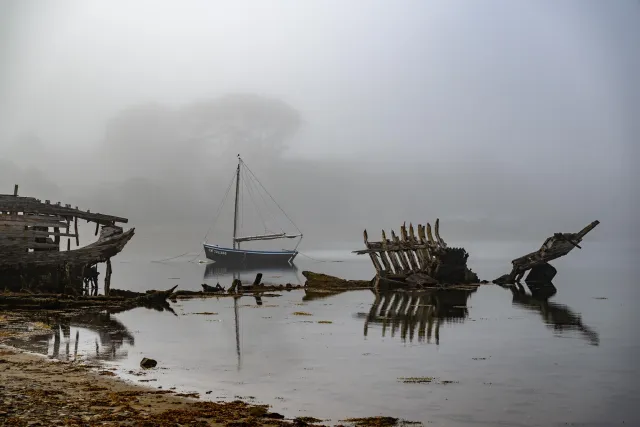 Ship skeletons in the ship graveyard of Rostellec near Crozon in Brittany